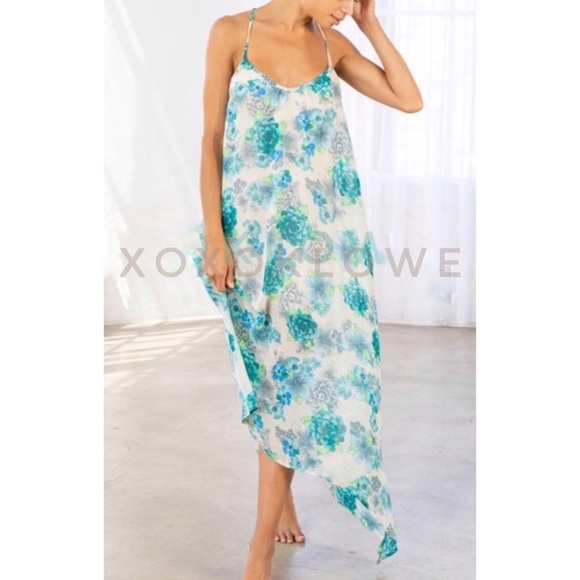Blue & Green Vibrant Floral Print Maxi Dress Spaghetti Straps Uneven Hem - Picture 8 of 14